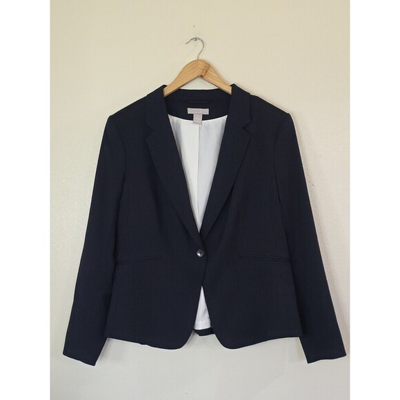 H&M Navy Blue Textured Blazer Jacket Womens Size Large Lined One Button Classic - Picture 1 of 14